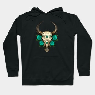 Bull Sugar Skull with Teal Blue Roses Hoodie